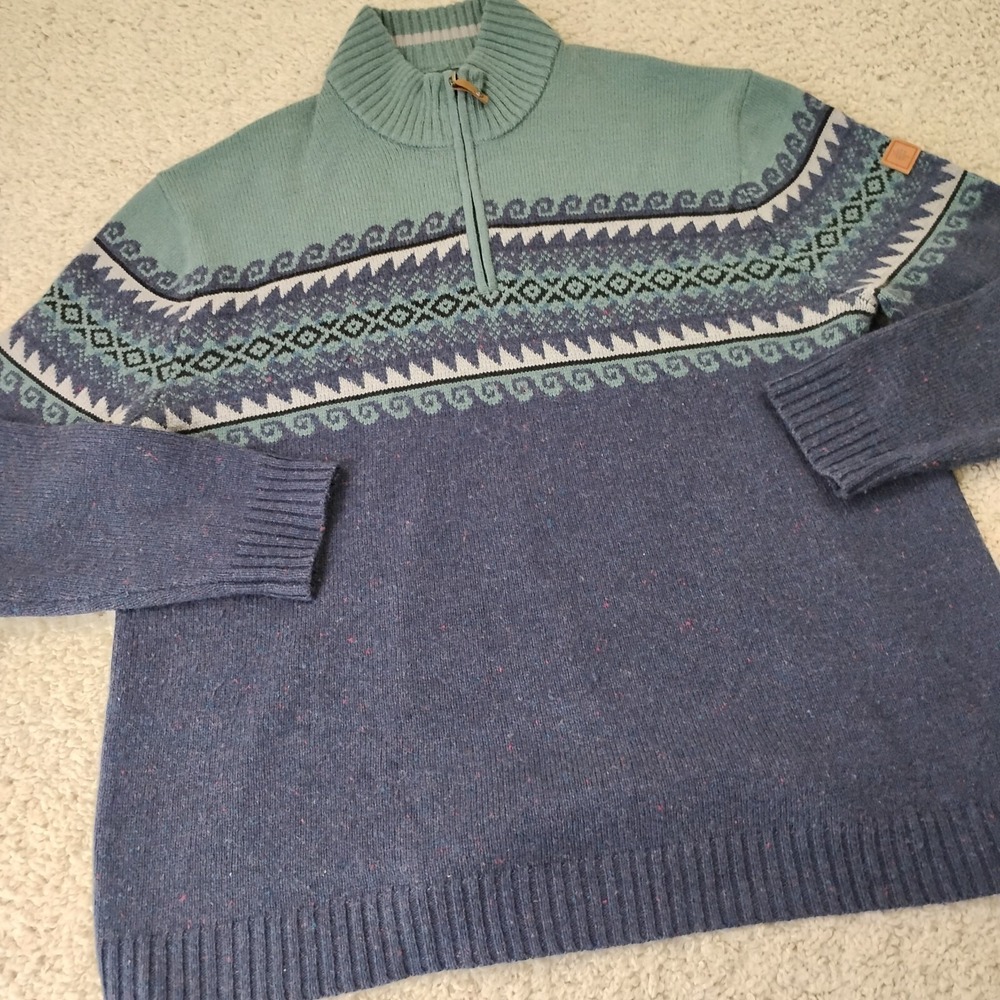 Royal Robbins Sweater Men 2XL XXL Blue Merino Wool South Aztec 1/4 Zip Geometric